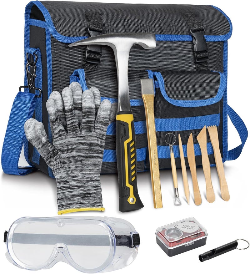 LASUK 12PCS Geology Rock Pick Hammer Kit, Gold Mining & Prospecting Equipment Tool, including Hammer, Wooden Chisel, magnifying glass, Whistle, goggles, 5pcs wooden pottery knives - Image 1